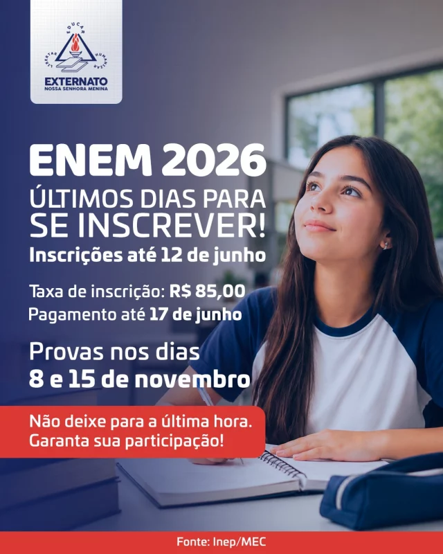 🚨 Atenção, estudantes!O prazo para as inscrições do ENEM 2026 foi prorrogado. Se você ainda não garantiu sua participação, este é o momento de se organizar e realizar sua inscrição.📅 Inscrições até 12 de junho
💳 Taxa de inscrição: R$ 85,00
📌 Prazo para pagamento até 17 de junho
📝 Provas nos dias 8 e 15 de novembroO ENEM é uma das principais portas de entrada para universidades públicas e privadas em todo o país, além de possibilitar o acesso a programas como Sisu, ProUni e FIES.Não deixe para a última hora! Acesse a Página do Participante e confira todas as orientações oficiais.*Informações divulgadas conforme atualização do Inep/MEC.*#ENEM2026 #ENEM #EnsinoMédio #Vestibular #ExternatoNossaSenhoraMenina